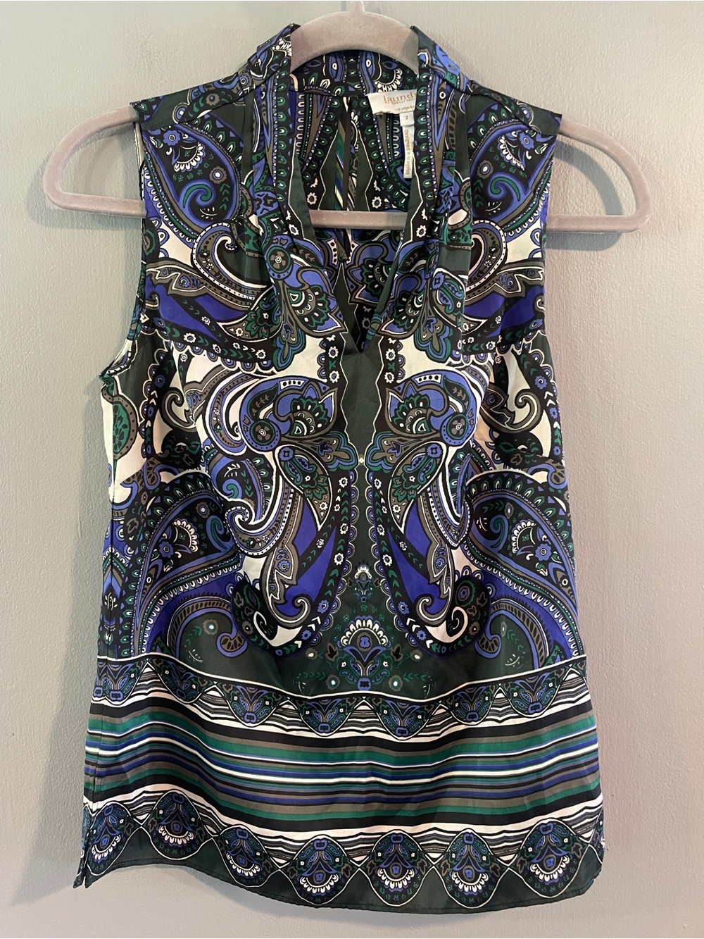 Laundry By Shelli Segal Blue Black Paisley Sleeveless V-neck Blouse Size 2